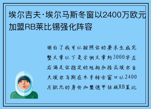 埃尔吉夫·埃尔马斯冬窗以2400万欧元加盟RB莱比锡强化阵容