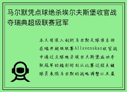 马尔默凭点球绝杀埃尔夫斯堡收官战夺瑞典超级联赛冠军 马尔默凭点球绝杀埃尔夫斯堡收官战夺瑞典超级联赛冠军